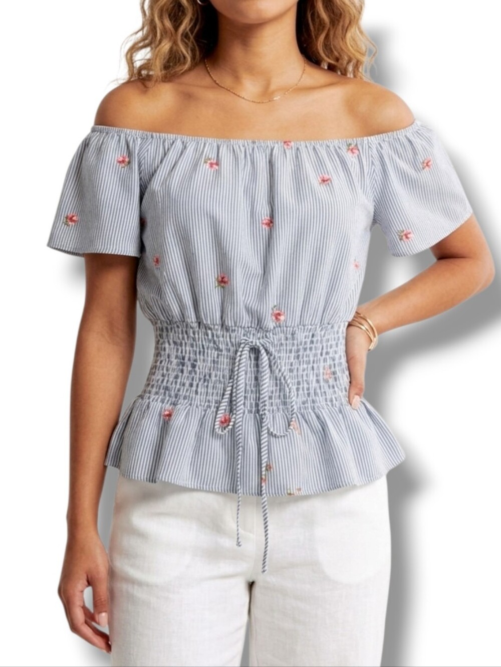 Kontrol Contemporary women's embroidery Roses & smocked tie- up waist blouse
